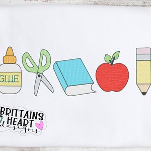 May include: A white background with a row of five colorful school supplies: a bottle of glue, scissors, a book, an apple, and a pencil. The text "GLUE" is on the bottle. The text "BRITTAINS HEART DESIGNS" is at the bottom of the image.