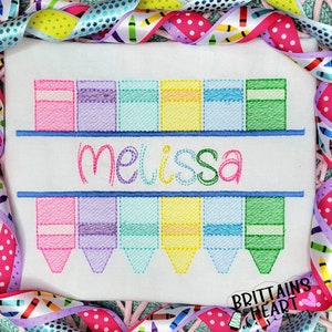 Back to School Crayon Name Monogram Frame Embroidery Machine Design, Quick Stitch Light Fill Bean Stitch Outline, First Day of school Outfit