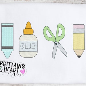 Back to School Embroidery Design Sketch | School Supplies | Crayon Glue Scissors Pencil | Light Fill Quick Stitch Bean Stitch Outline