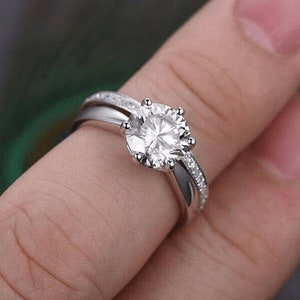 Moissanite Minimalist Bridal Set, Round Cut 2ct Moissanite Engagement Ring, Simulated Diamond Wedding Ring Set, Moissanite Bridal Ring Set