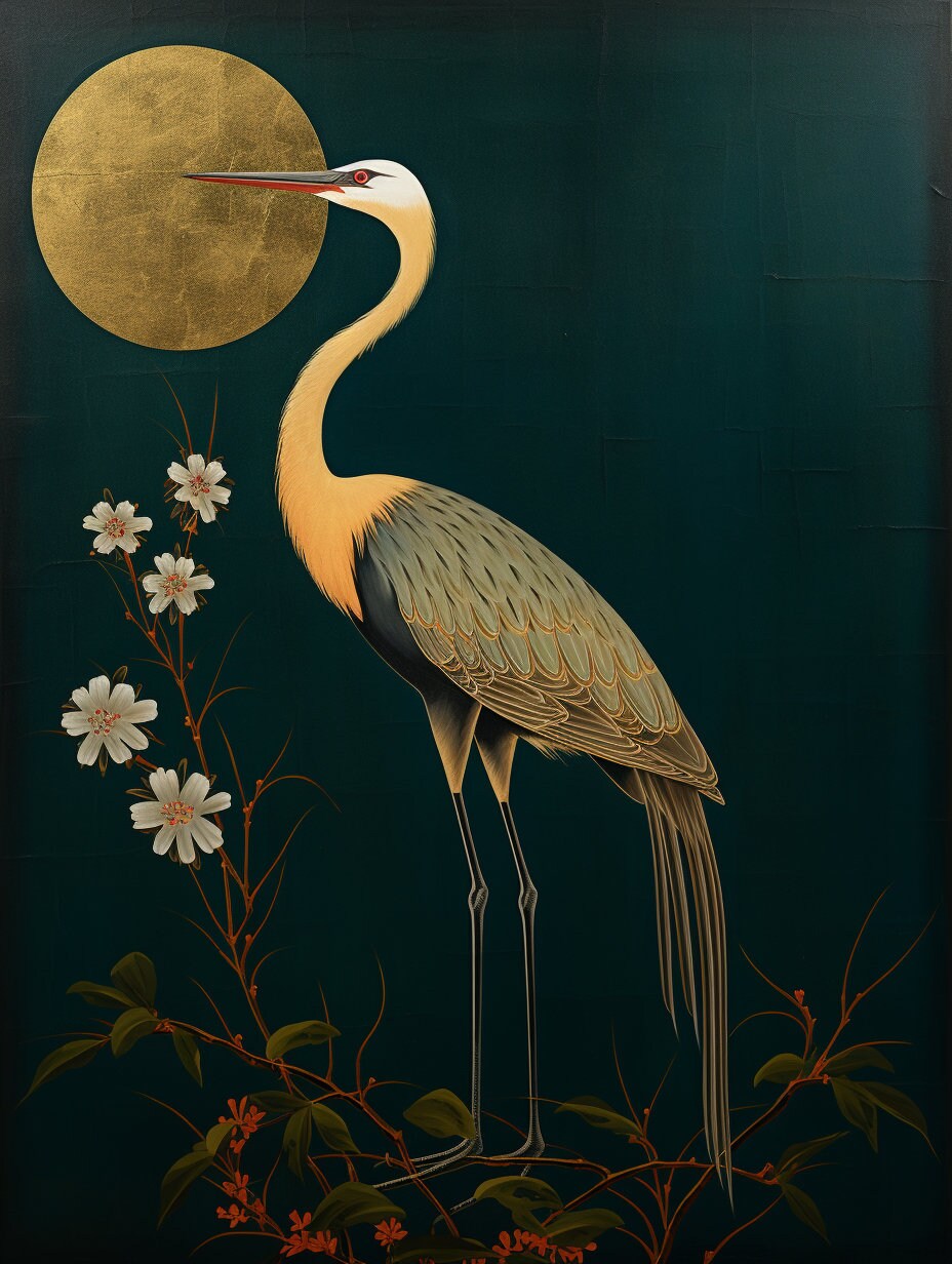 Japanese Crane Wall Art Digital Illustration Print Elegant Crane Poster 