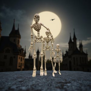May include: A Halloween-themed image featuring three skeletal figures of varying sizes standing in front of a large, full moon. The background includes silhouettes of castle-like structures and a flying bat, creating a spooky atmosphere.
