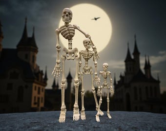 May include: A Halloween-themed image featuring three skeletal figures of varying sizes standing in front of a large, full moon. The background includes silhouettes of castle-like structures and a flying bat, creating a spooky atmosphere.