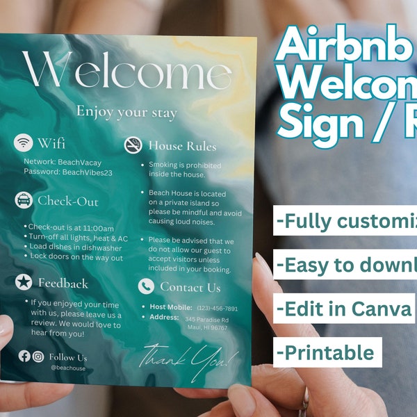Signo de bienvenida de Airbnb, Reglas Wifi Alquiler a corto plazo Plantilla imprimible Canva, Cartel editable Huéspedes de casas de vacaciones en la playa, Alquileres VRBO Airbnb