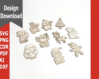 May include: A set of 10 Christmas-themed wooden ornaments, featuring a variety of characters including Santa Claus, a penguin, a reindeer, a snowman, and a gingerbread man. The ornaments are unpainted and ready to be decorated.
