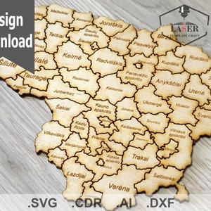 Eine detaillierte Landkarte von Litauen, hergestellt durch Lasergravur oder -schnitt, Größenverstellbar. SVG DXF CDR