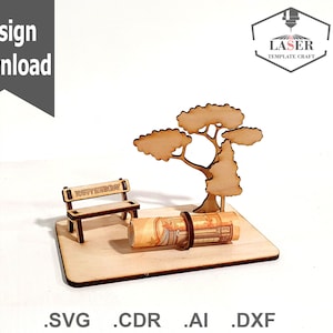 Verschenken Sie Geld auf eine andere Art, eine Bank mit alles Gute zum Geburtstag, neben Baum, und einen Platz für Geld Laser cut Vorlage, svg Sofortdownload