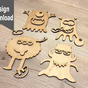 Modello di taglio laser vettoriale di mostri - File di taglio di mostri - Arte vettoriale digitale - Glowforge - Modello CNC - SVG - Puzzle - Forma da colorare