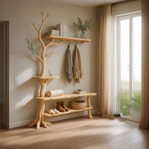 Tree Bookcase Solid Wood Shoe Bench Wooden Coat Rack Wall Art Handmade Unique Graind Wood Bench Decor Home Gift