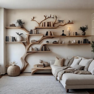 Rustic tree bookcase handcrafted tree branch bookshelf unique home decor wall mouted floating shelf wood treeshelf living room gift for her