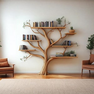 Rustic tree bookshelf wall mount solid wood bookcase handmade tree branch shelves book lover gift kids room decor