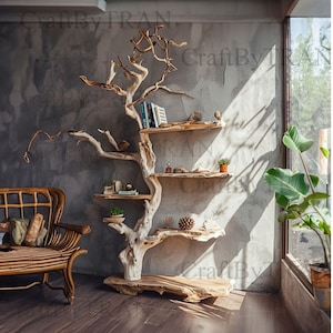 Tree branch standing corner shelf solid wood live edge floating shelf rustic bookcase decorations decor home