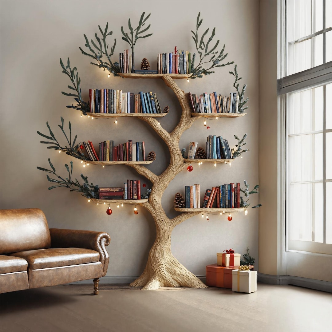 Solid Wood Tree Branch Bookcase Wall Mount Montessori Bookshelf Xmas ...