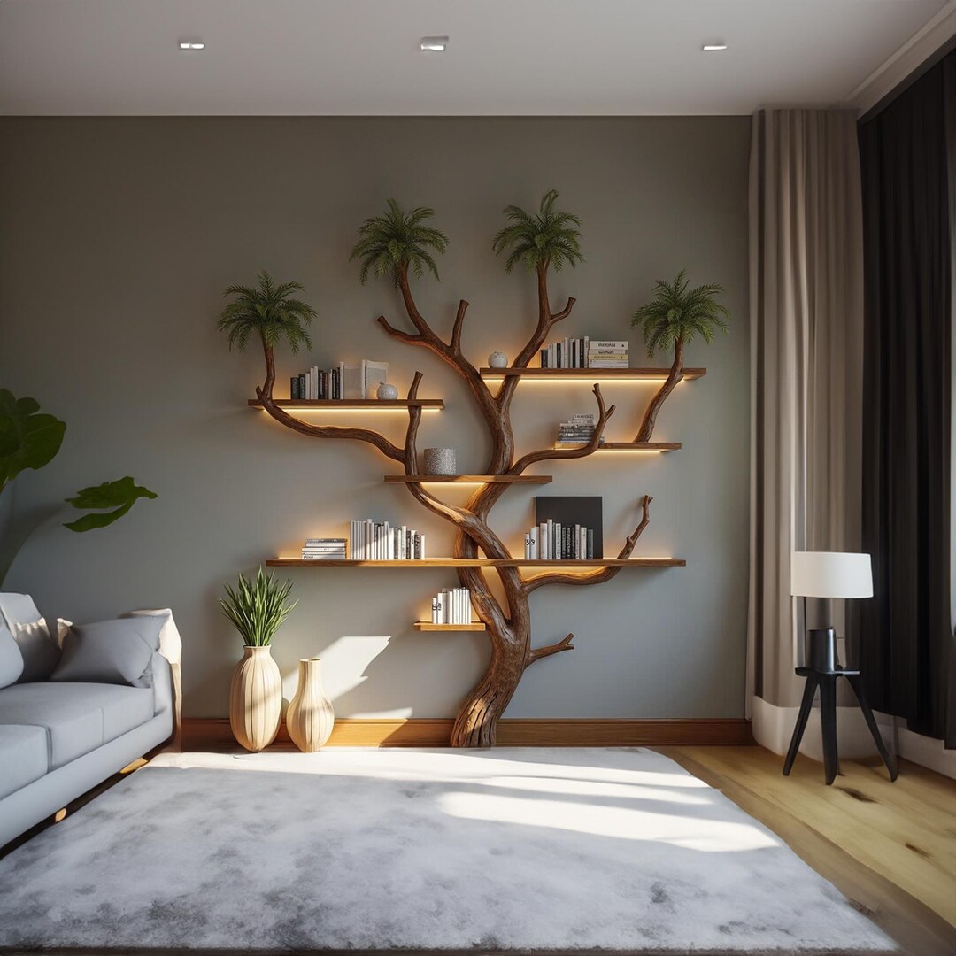 Rustic Tree Branch Bookcase Wall Mount Montessori Kids Bookshelf Live ...