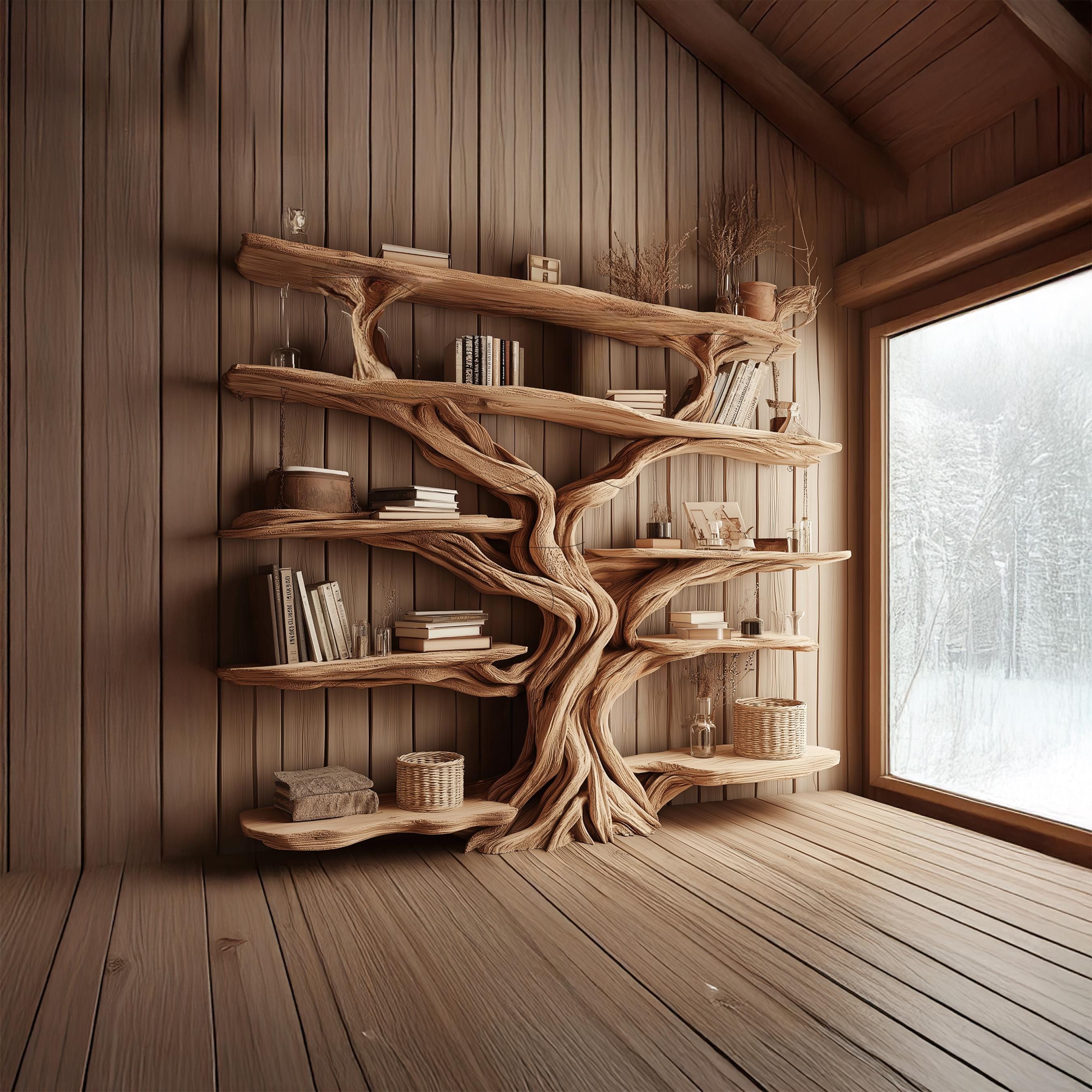 ライブエッジの素朴な木の本棚。手作りの無垢材の本棚。自然に