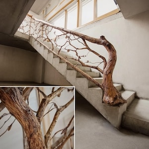 Custom Branch Stair Railing Rustic Solid Wood Banister with Leaves Live Edge Staircase Railing Farmhouse Country Home Decor