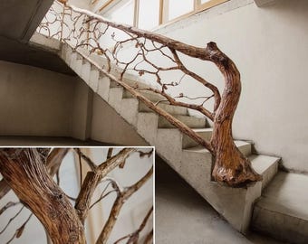 Custom Branch Stair Railing Rustic Solid Wood Banister with Leaves Live Edge Staircase Railing Farmhouse Country Home Decor