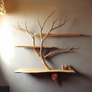 Tree branch floating corner shelf solid wood wall mount bookcase live edge shelving home art