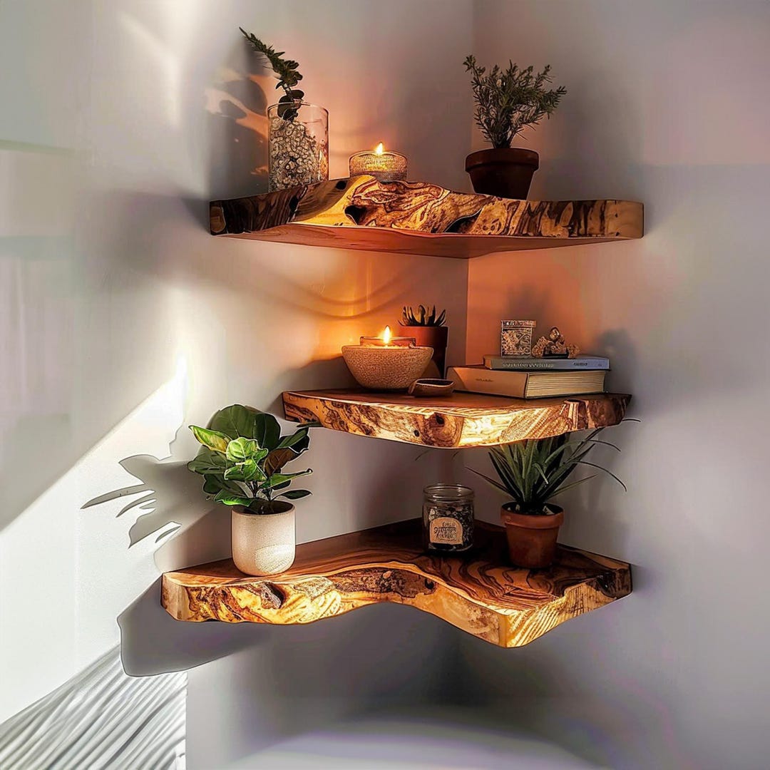 Wood Corner Floating Shelf Live Edge Bookshelf Decorations Corner
