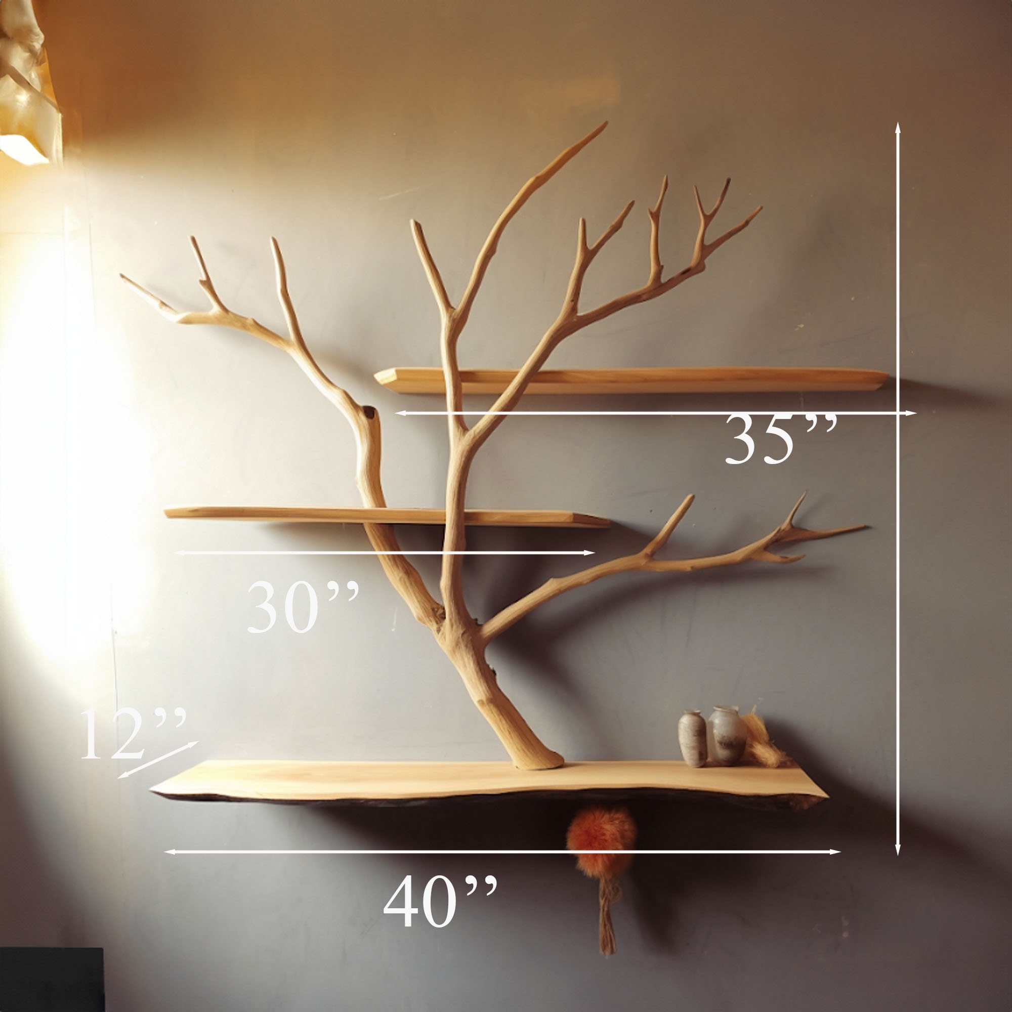 Tree Branch Floating Corner Shelf Solid Wood Wall Mount Bookcase Live ...