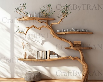 木の枝の壁掛け本棚装飾、ミッドセンチュリーのフローティング本棚