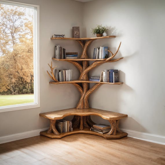 Tree bookshelf with corner bench lshaped bench driftwood branch tree floating bookshelf solid wood bookcase wall mounted home decor