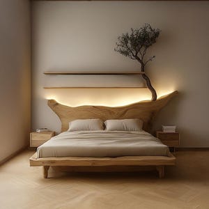 Wood bed with floating shelf custom bed frame queen reclaimed wood king bed twin platform bed wood headboard rustic home decor handmade bed