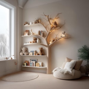 Kids Tree Bookcase Solid Wood Handmade Wooden Book Tree Shelf Unique Wall-Mounted Bookcase Natural Wood Furniture, Home Baby Room Gift