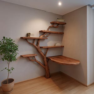 Rustic Desk Solid Wood Live Edge Unique Wall Art Space Saving Study Shelf Handmade Tree Bookshelf Decor Living Home Gift Her