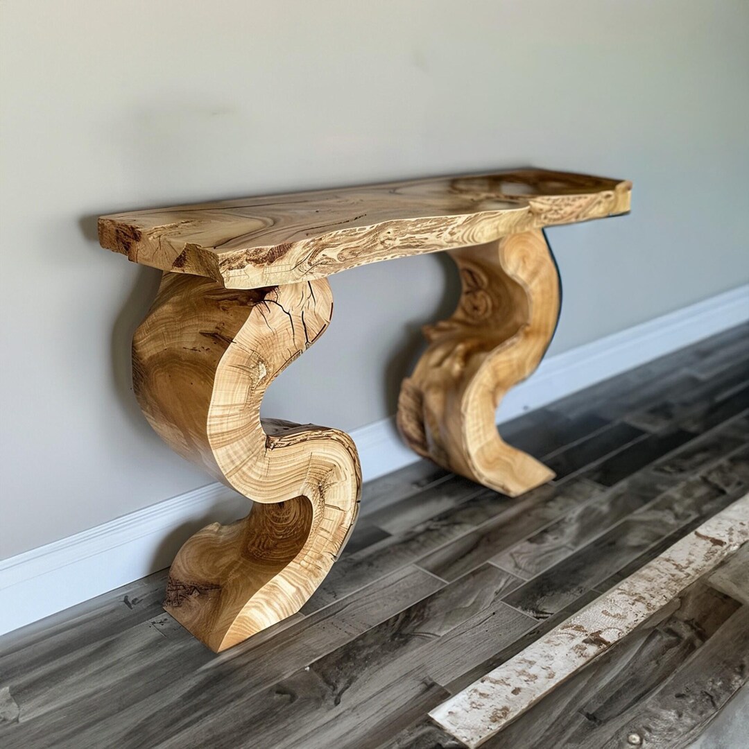 Handmade Natural Wood Console Table With Tree Bookshelf, Rustic ...