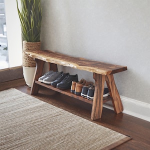 Rustic entryway bench hallway bench shoe rack, Solid wood entry shoe rack bench handmade, Narrow shoe shelves farmhouse gift home decor