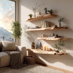 Rustic Live Edge Floating Wood Shelves Handmade Solid Wood Wall Shelves for Modern Natural Home Decor Entryway or Living Room