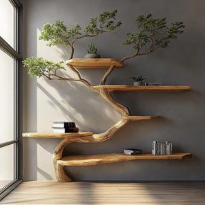 Handcrafted Tree Corner Bookcase Natural Wood Floating Bookshelf Rustic Tree Branch Shelving Unit Organic Wall Mount Shelf