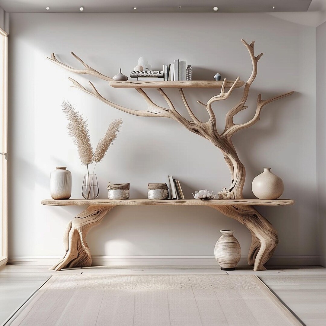 Driftwood Narrow Console Table With Tree Branch Bookshelf Driftwood