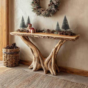 Handmade Organic Sculptural Console Table Solid Natural Wood Wall Art Modern Rustic Entryway Furniture Hallway Entry Decor Christmas