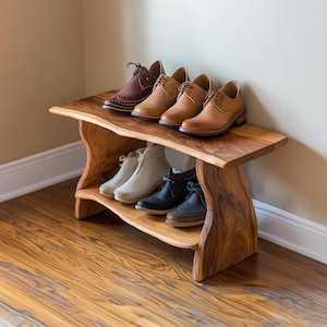 Gangbank schoenenrek plankenorganizer, handgemaakte houten toegangsbank, schoenenopberger uit het midden van de eeuw, woonkamerbank, cadeau voor haar/vrouw