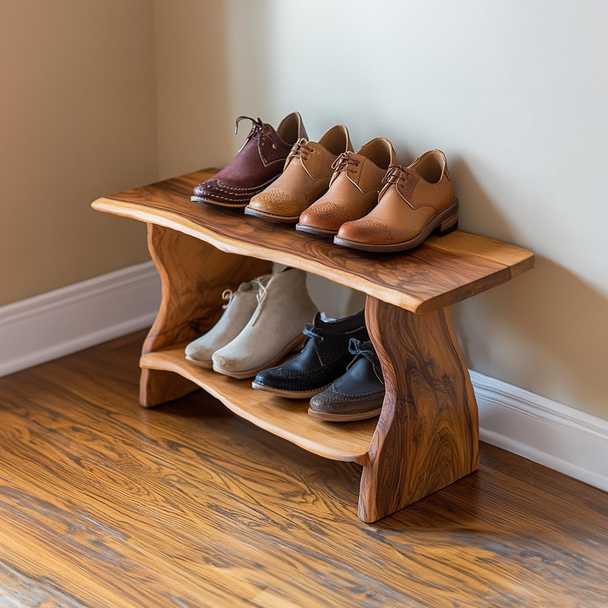 Hallway bench shoe rack shelves organiser, Handmade wooden entry bench, Mid century shoe storage, Living room bench, Gift for Her/Woman