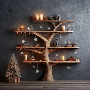Tree Bookshelf Rustic Wooden Book Tree Shelf Unique Wall-Mounted Bookcase Natural Wood Furniture Home Office Decor Gift Christmas