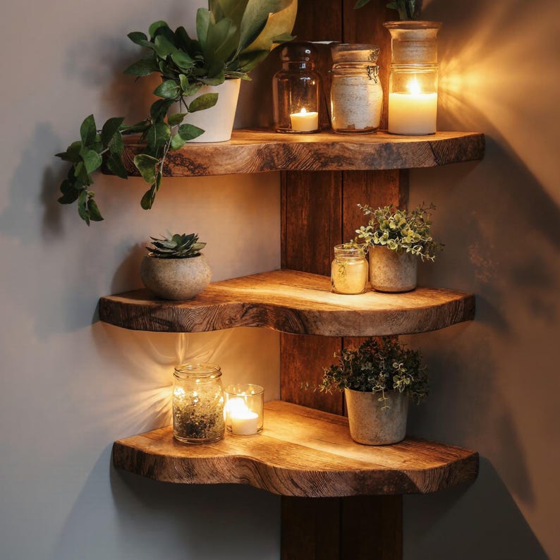 Live Edge Walnut Corner Floating Shelves, Bookshelf Decorations Corner