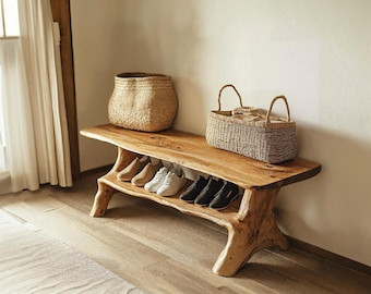 Long entryway bench, Handmade hallway bench shoe rack, Mid century shoe storage, Wooden Hallway Seating, Gift for Her/Woman