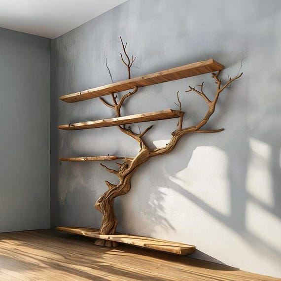 Solid Wood Bookcase Wall Mount Bookshelf Rustic Furniture Style Home Decor Live Edge Shelf