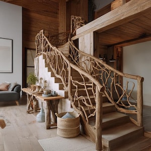 Custom Elegant Wooden Branch Stair Railing Live Edge Leaf Banister Rustic Farmhouse Staircase Railing French Country Home Accent