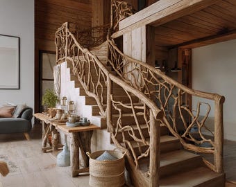 Custom Elegant Wooden Branch Stair Railing Live Edge Leaf Banister Rustic Farmhouse Staircase Railing French Country Home Accent