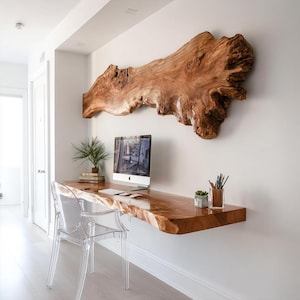 Rustic Design Live Edge Floating Solid Wood Desk Wall Art Mounted Workstation For Home Decor Living Room Gift