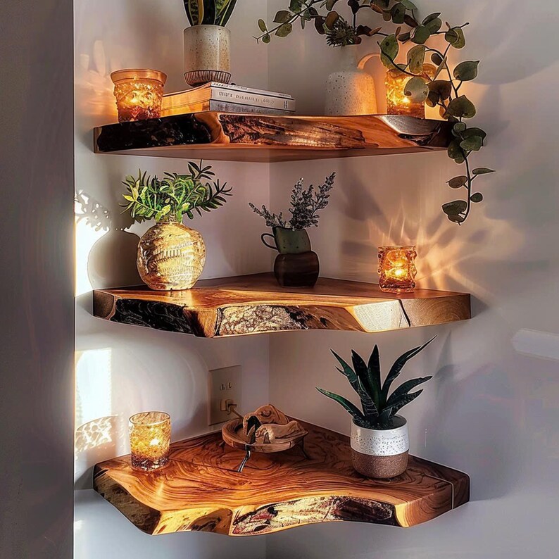 Wood Corner Floating Shelf Live Edge Bookshelf Decorations Corner