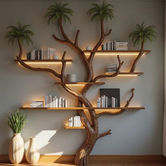 Rustic Tree Branch Bookshelf Handmade Wall-Mounted Solid Wood Decor Living Room Gift Her