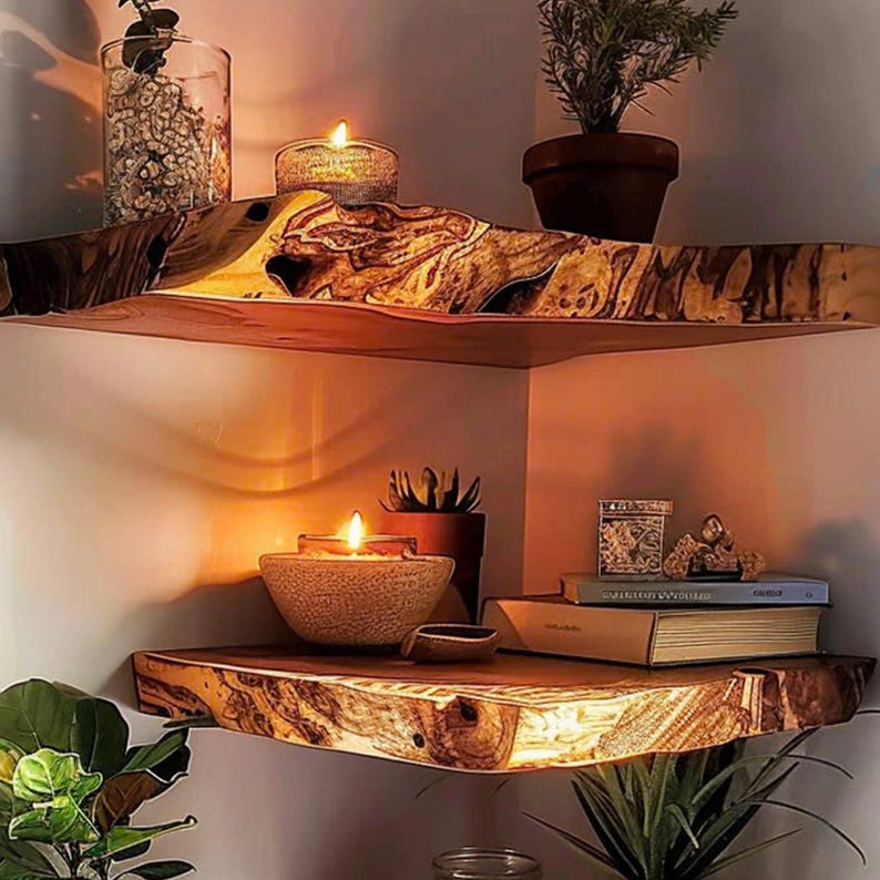 Wood Corner Floating Shelf Live Edge Bookshelf Decorations Corner