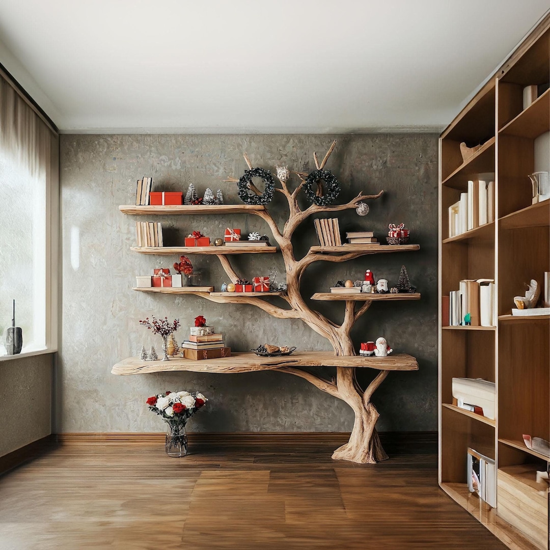 Tree Branches Wall Bookshelf, Solid Wood Live Edge Floating Shelf ...