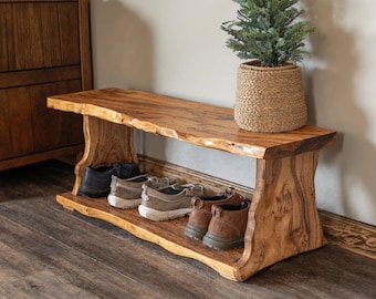 Hallway bench shoe rack open shelves organiser storage space, Custom wood bench wood farmhouse shoe storage, Rustic bench entryway decor