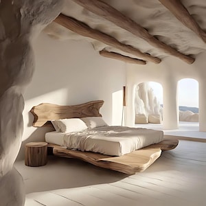 Natural wood bed with unique live edge headboard handcrafted rustic wood bed frame queen custom king bed frame twin platform home decor